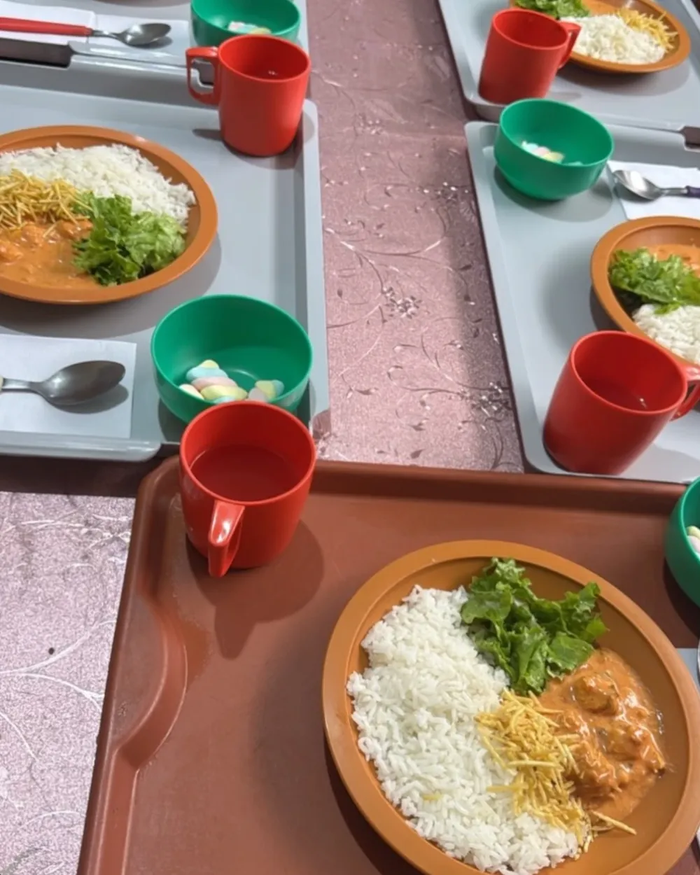 Bandejas de almoço com arroz, estrogonofe, batata palha e alface, suco e marshmallow de sobremesa
